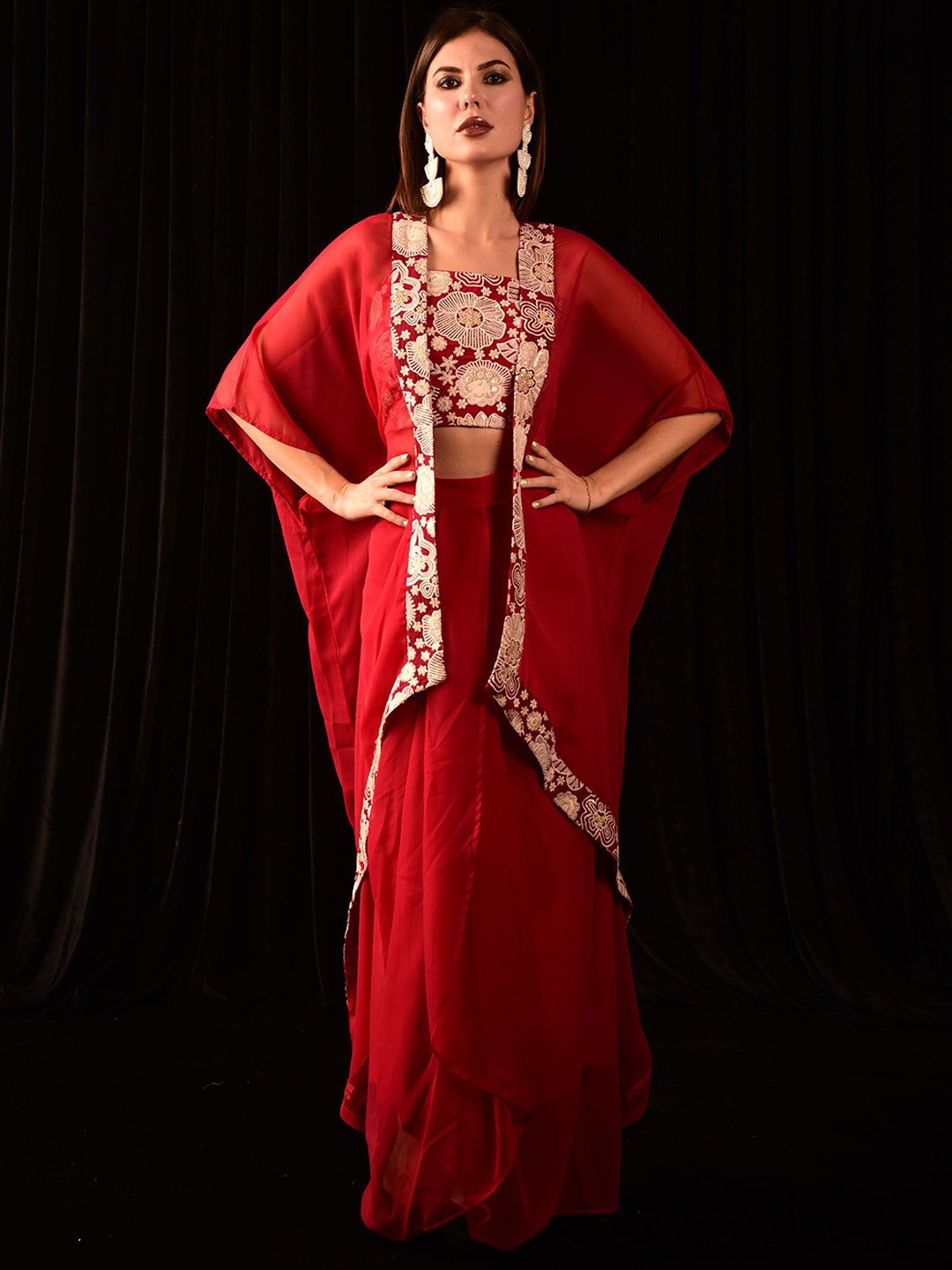 

Laalzari Woven Design Shoulder Straps Top Shrug With Skirt, Red