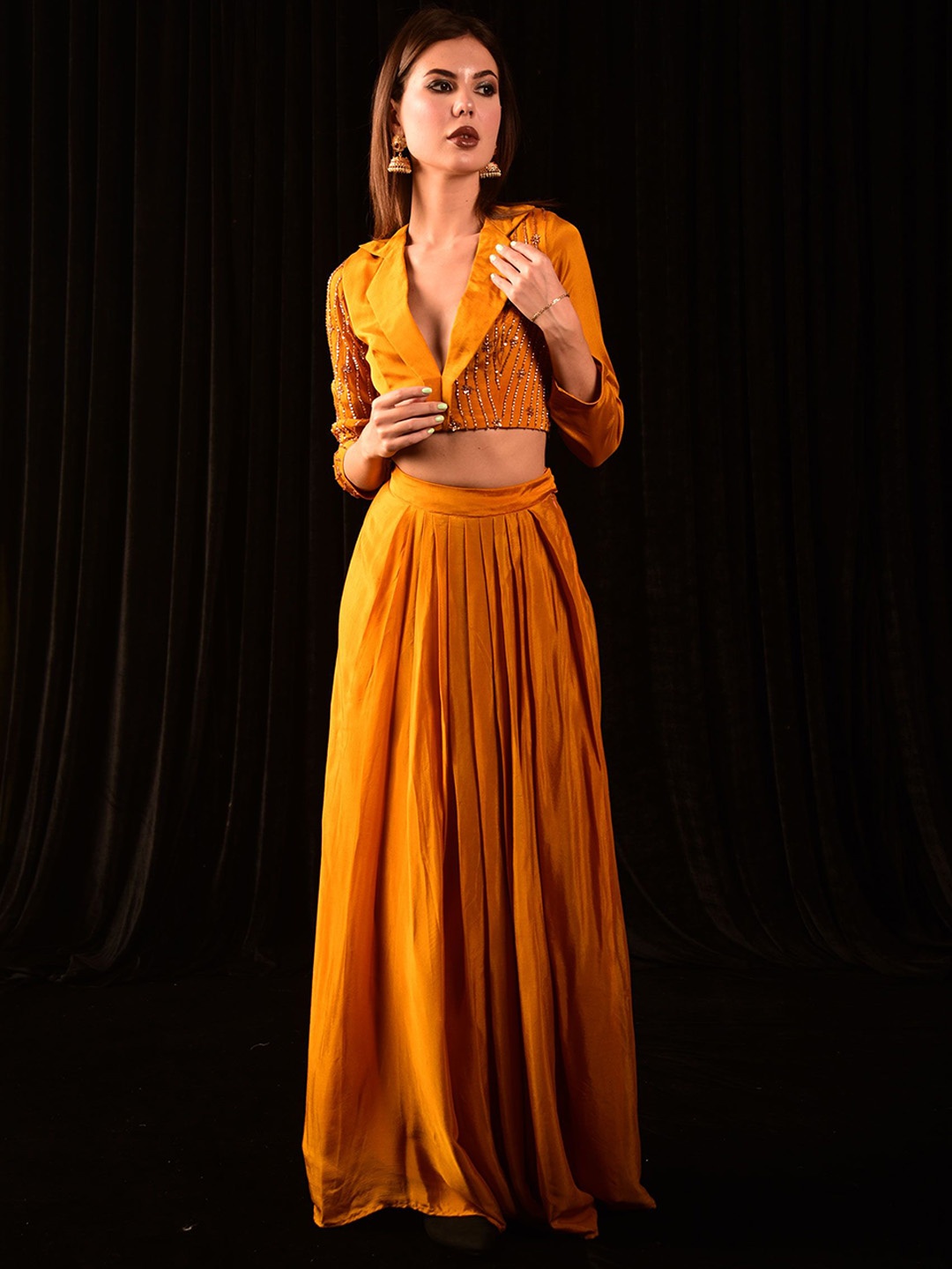 

Laalzari Embellished Lapel Collar Crop Top With Skirt, Mustard