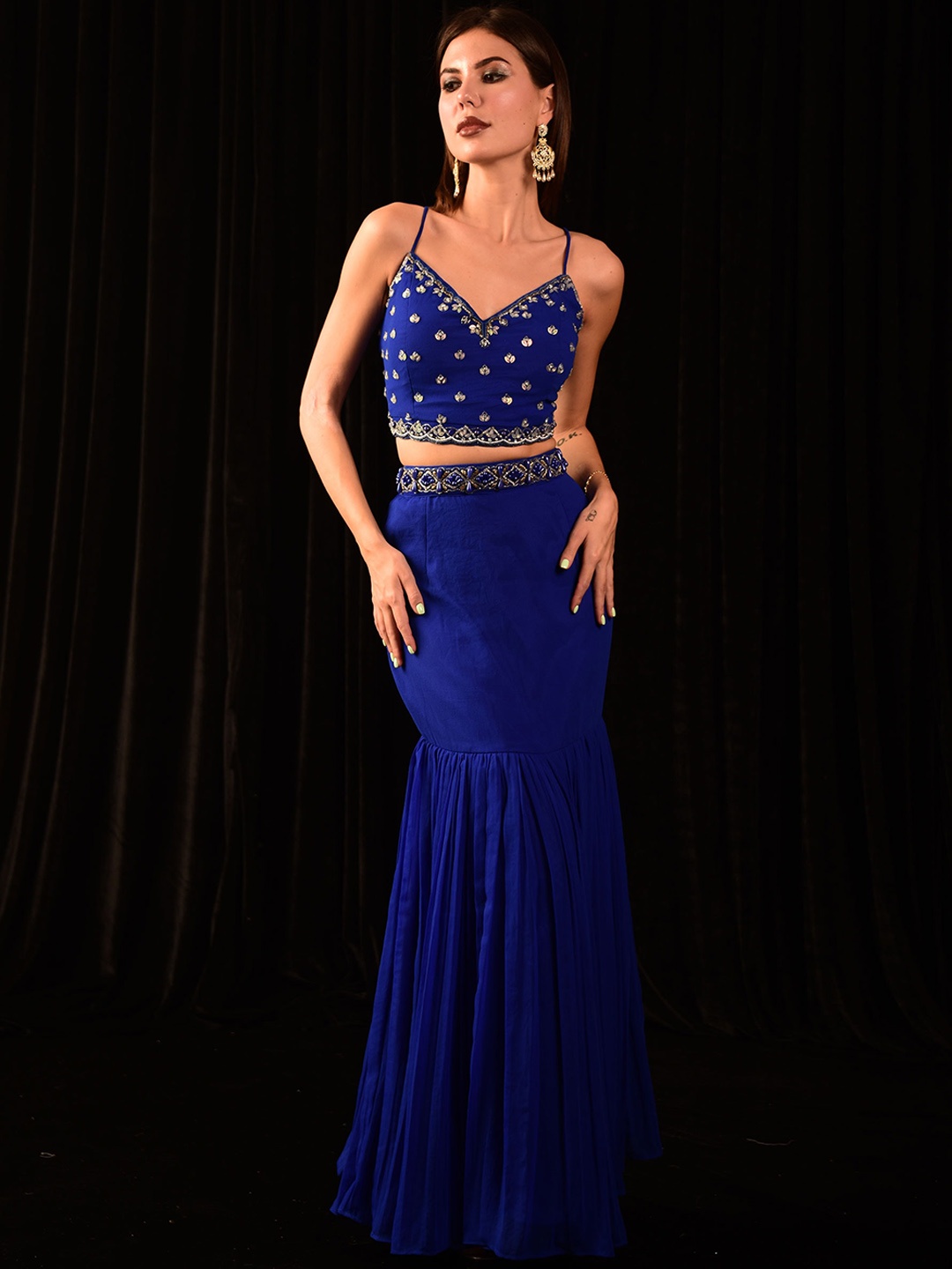 

Laalzari Embellished Shoulder Straps Crop Top With Skirt & Dupatta, Blue