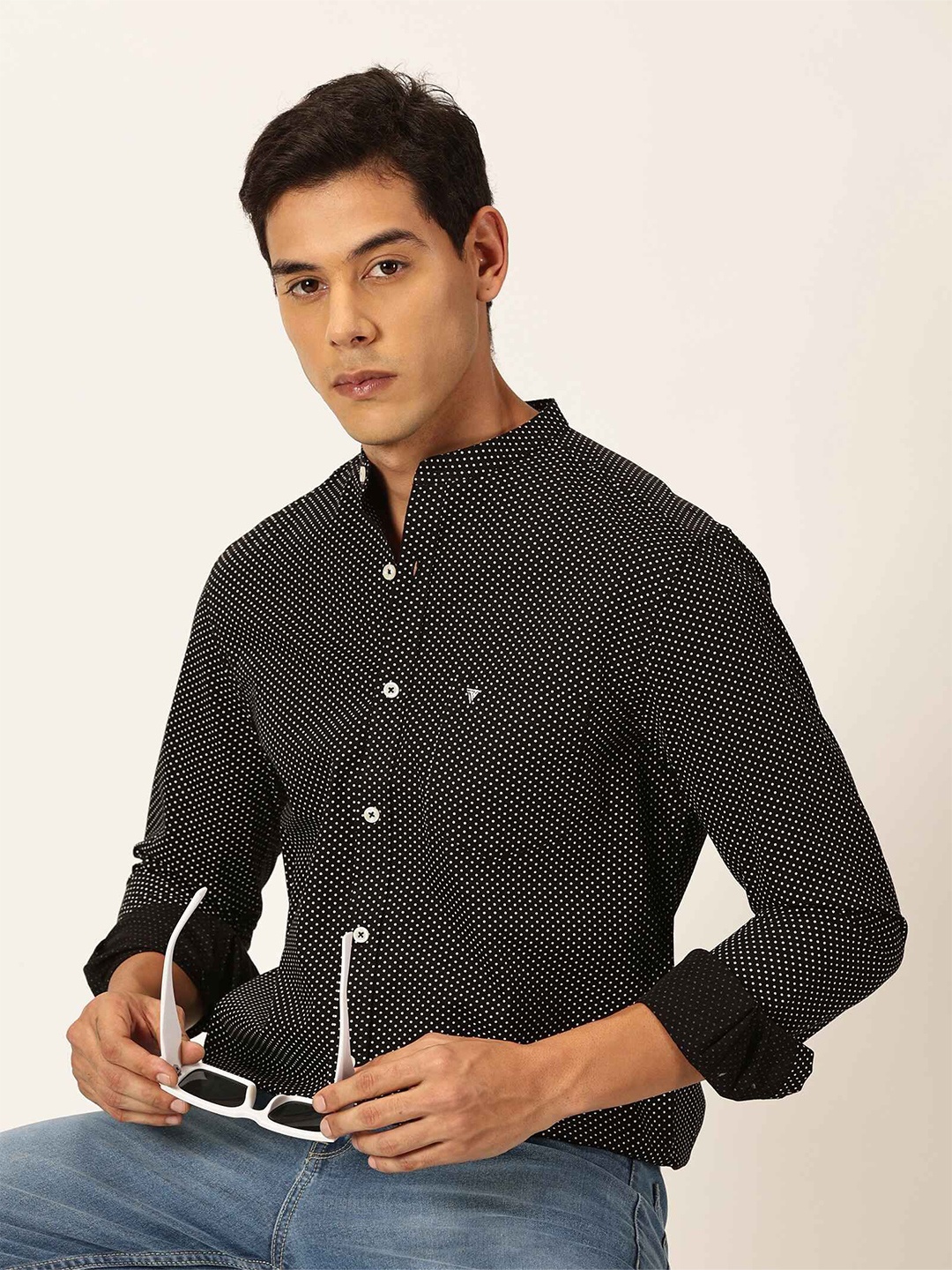 

Thomas Scott Men Premium Slim Fit Monochrome Printed Band Collar Casual Shirt, Black