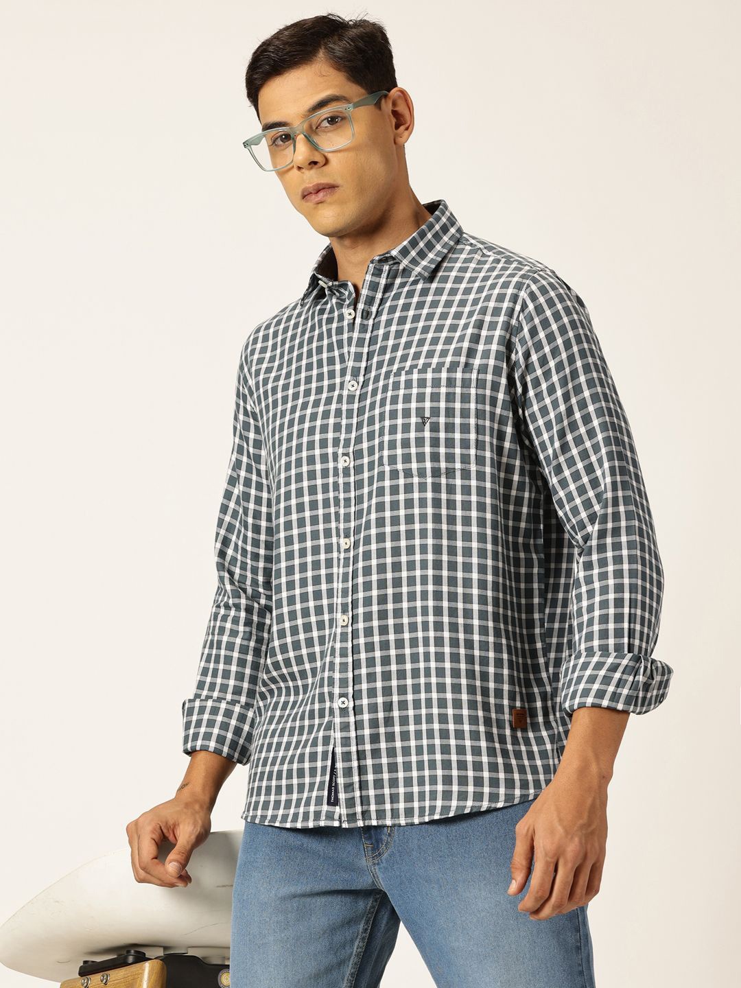

Thomas Scott Men Slim Fit Gingham Checks Spread Collar Casual Shirt, Grey