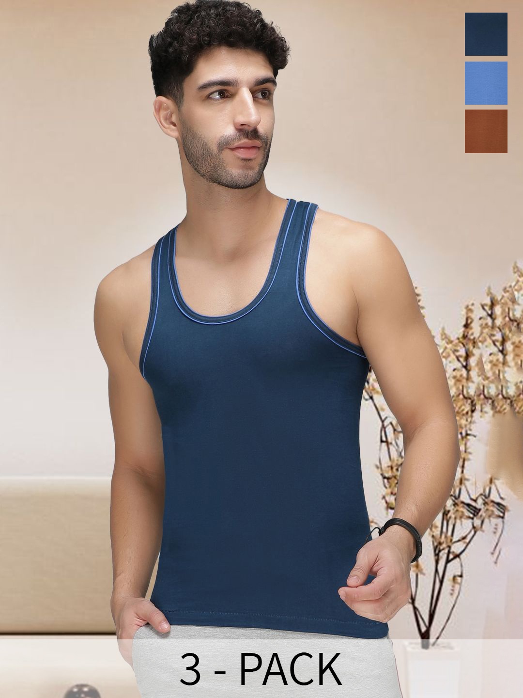 

AMUL COMFY Pack of 3 Cotton Round Neck Sleeveless Innerwear Vests, Blue