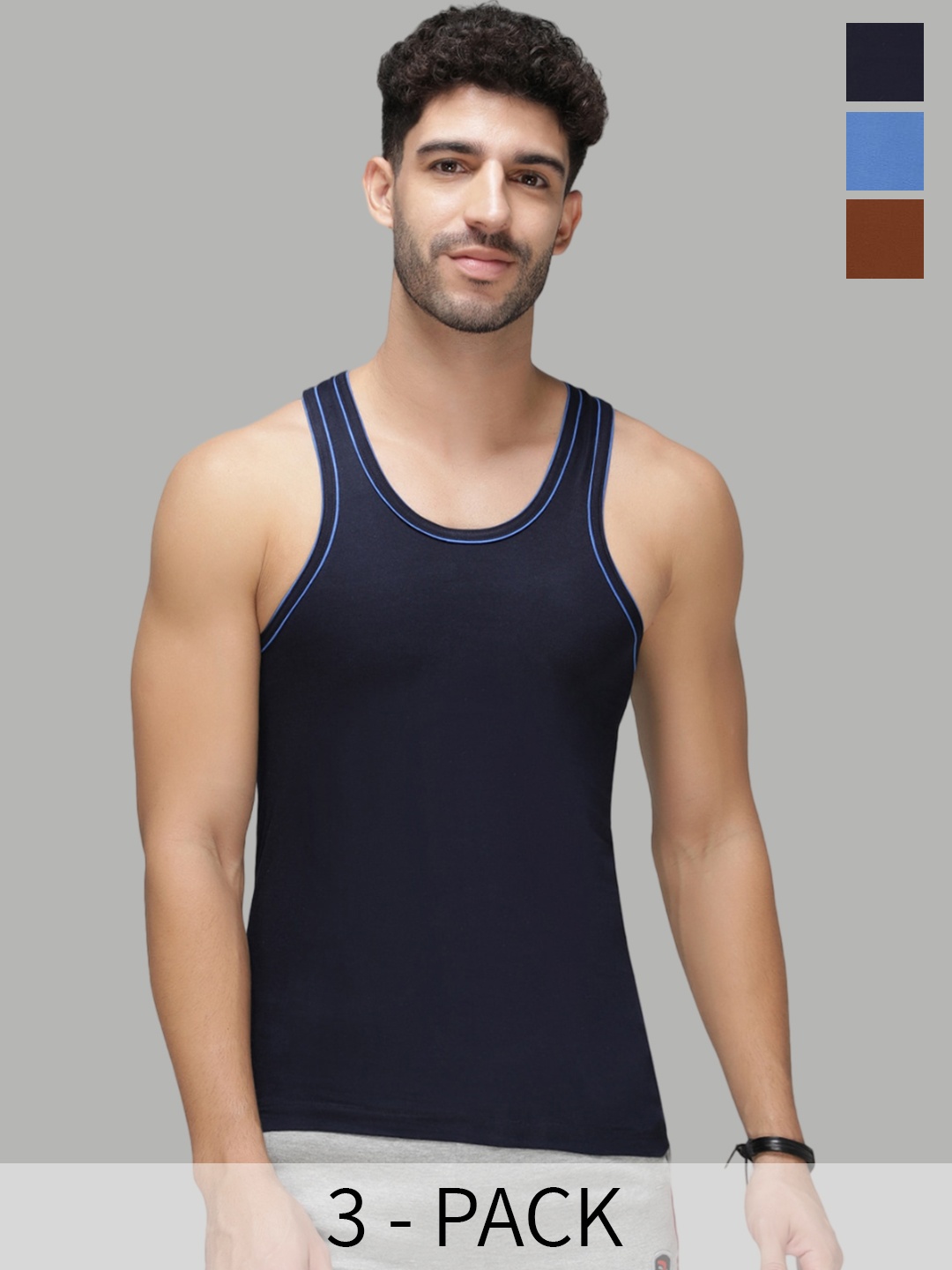 

AMUL COMFY Pack of 3 Cotton Round Neck Sleeveless Innerwear Vests AC-VE-CVESTDFRN-MULTI2-4, Blue