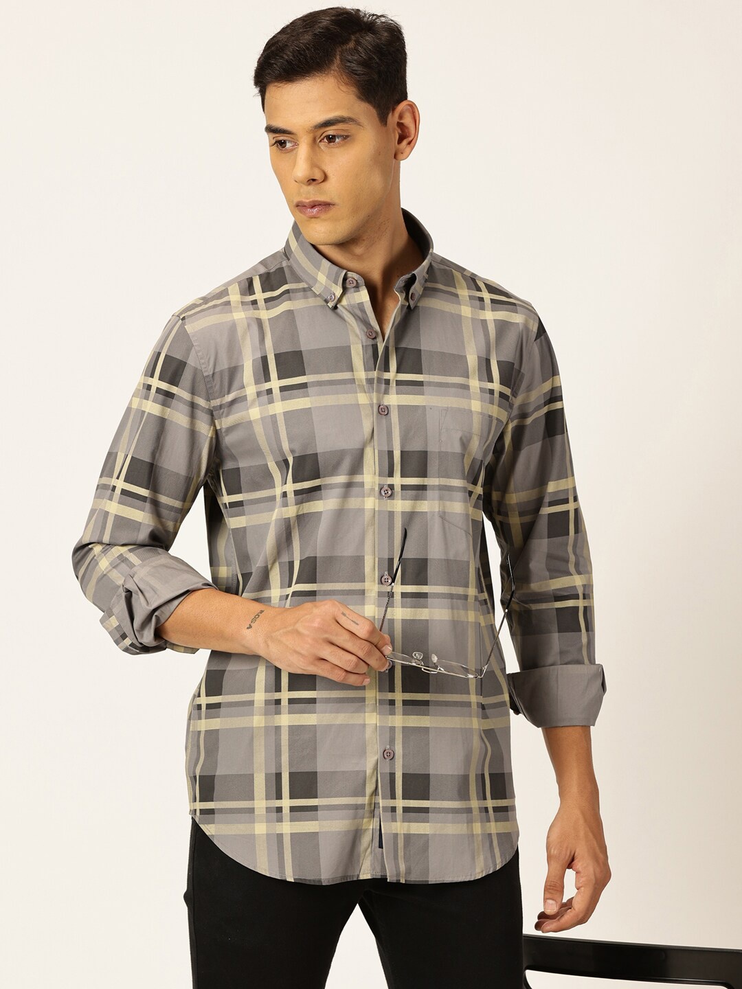 

Thomas Scott Men Premium Tartan Checked Button-Down Collar Cotton Casual Shirt, Grey