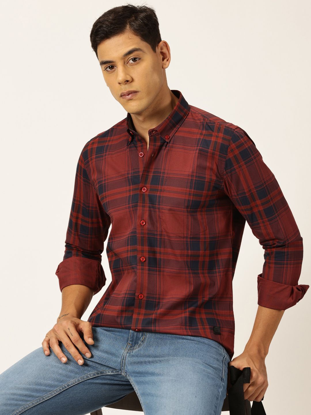 

Thomas Scott Men Premium Tartan Checked Button-Down Collar Cotton Casual Shirt, Maroon