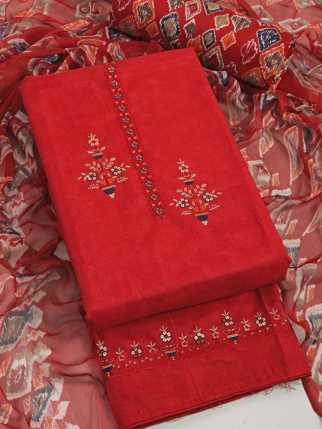 

KALINI Floral Embroidered Sequinned Unstitched Dress Material, Red
