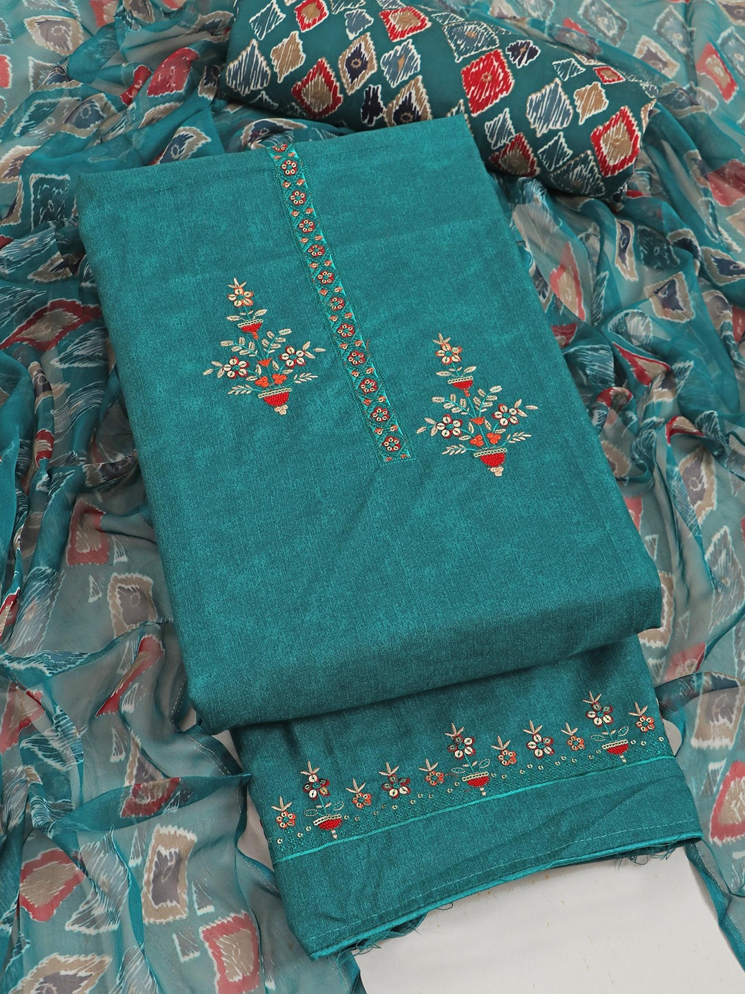 

KALINI Floral Printed Sequinned Unstitched Dress Material, Teal