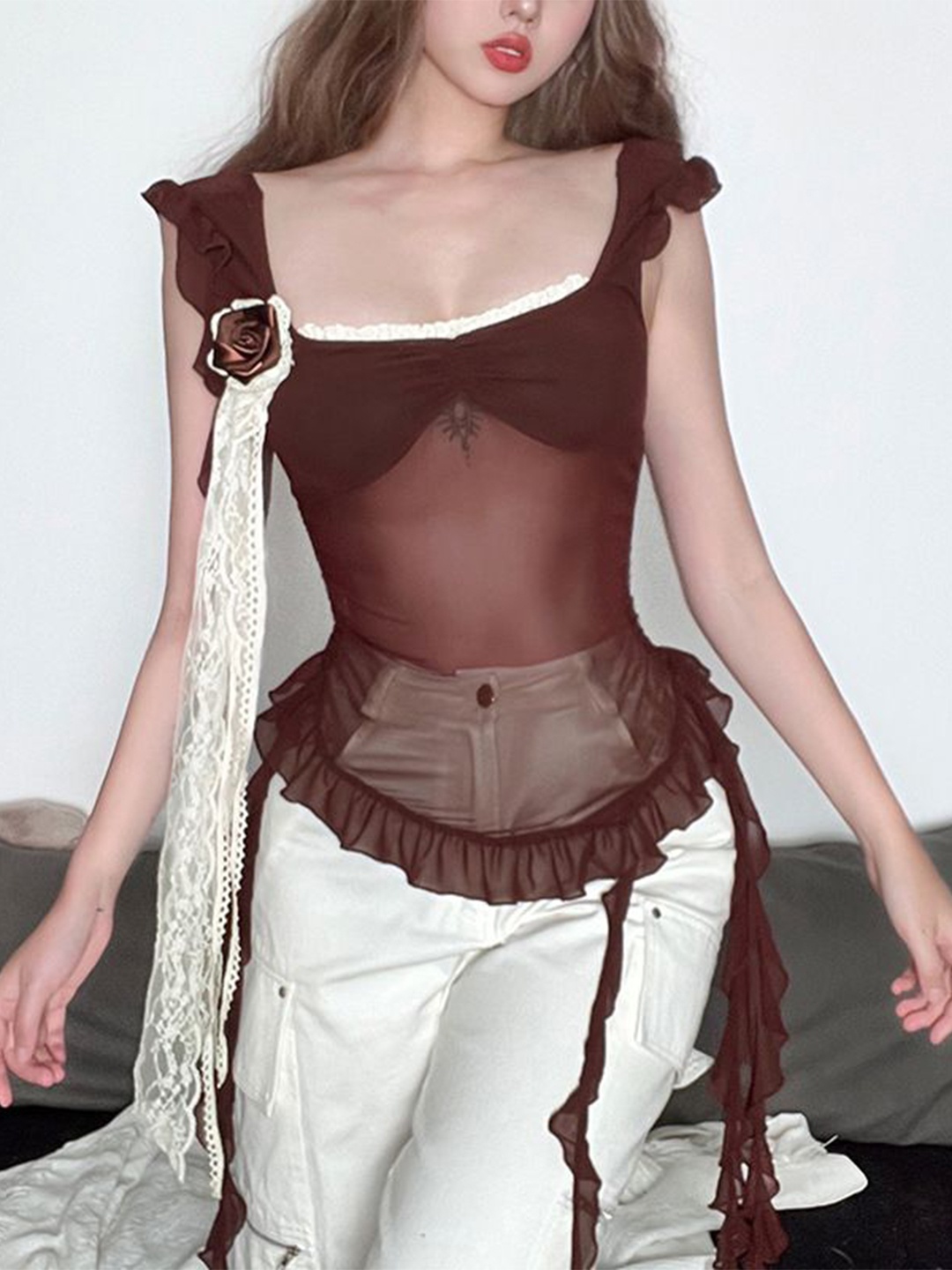 

StyleCast x Revolte Square Neck Ruffles Sheer Top, Brown