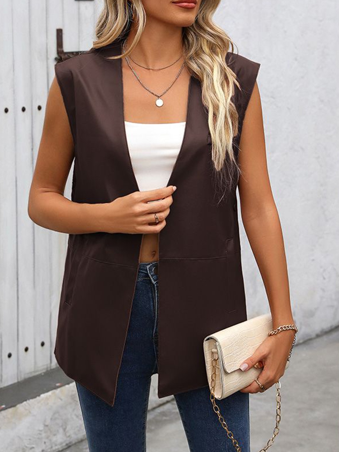 

StyleCast x Revolte Solid Open-Front Jacket, Coffee brown