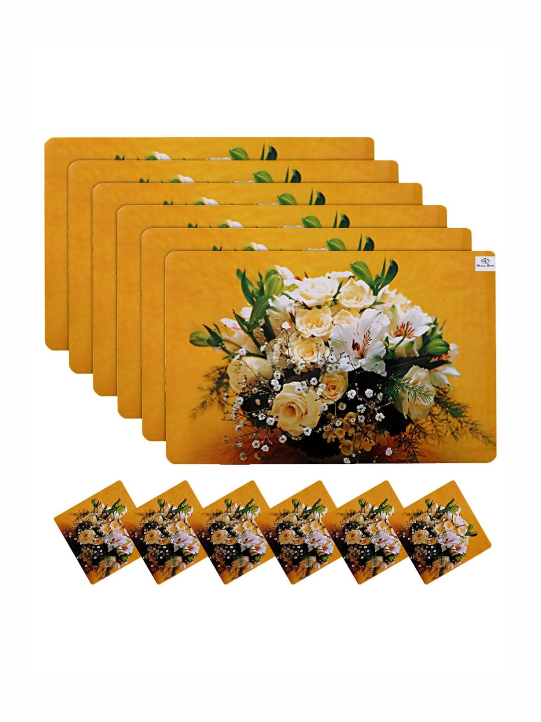 

Kuber Industries Yellow & White 12 Pieces Floral Print Table Placemats With Tea Coasters