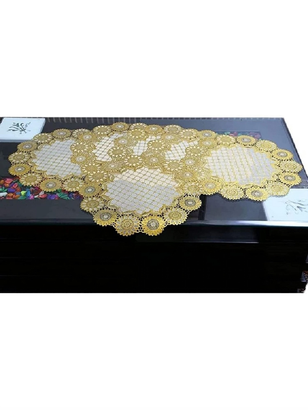 

Kuber Industries Gold Toned 6 Pieces Round Floral Printed Table Placemats