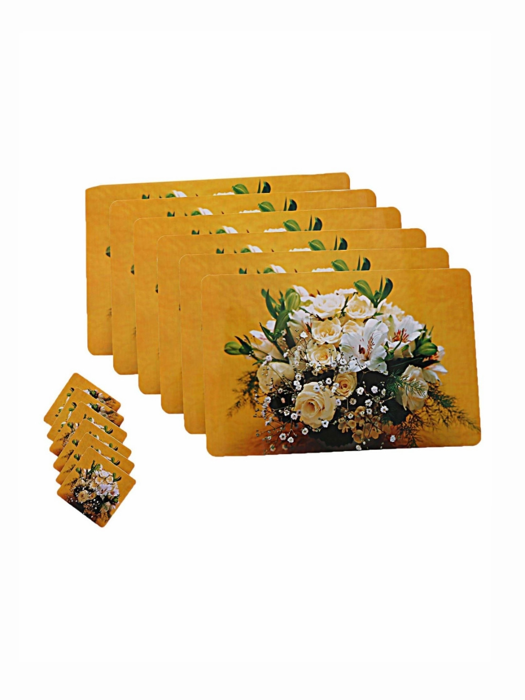 

Kuber Industries Yellow & White 12 Pieces Floral Table Placemats With Coasters
