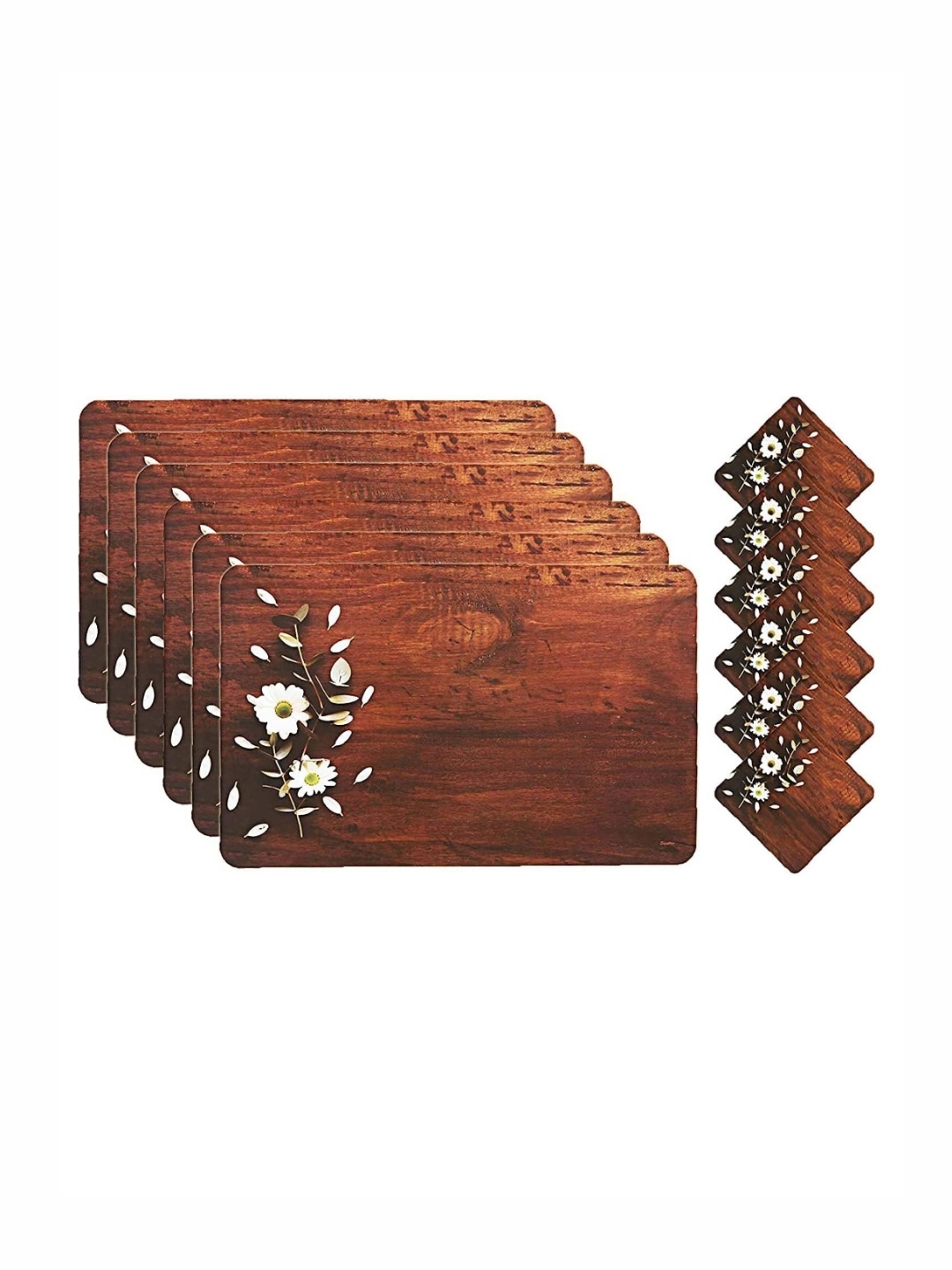 

Kuber Industries Brown & White 12 Pieces Floral Table Placemats With Tea Coasters