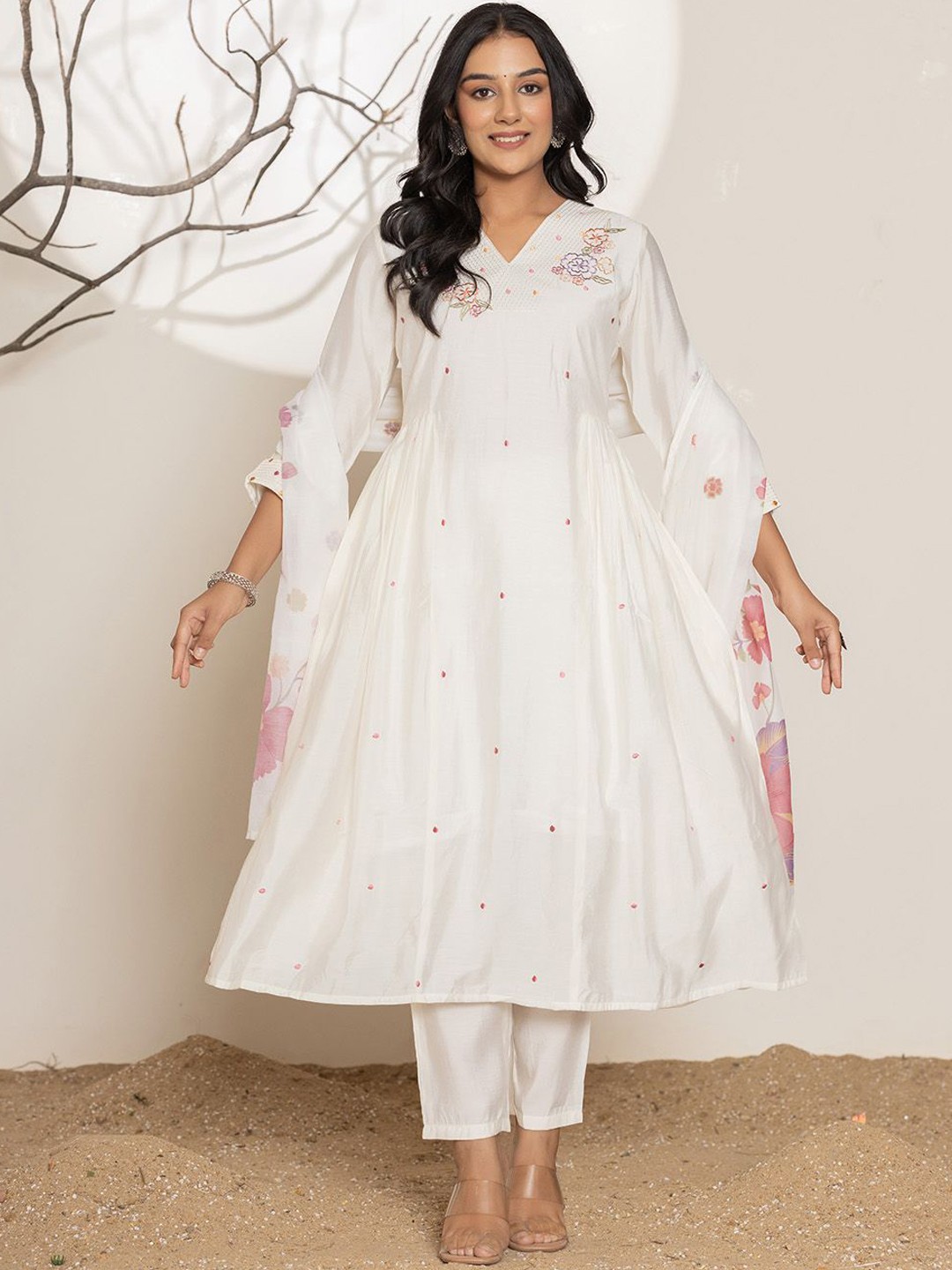 

Yufta Floral Embroidered Thread Work Pure Cotton A-line Kurta With Trousers & Dupatta, White