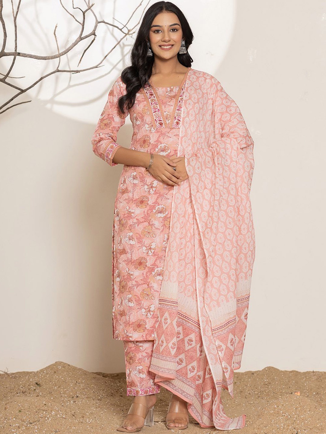 Yufta Floral Printed Thread Work Pure Cotton Straight Kurta With Trousers & Dupatta, Pink