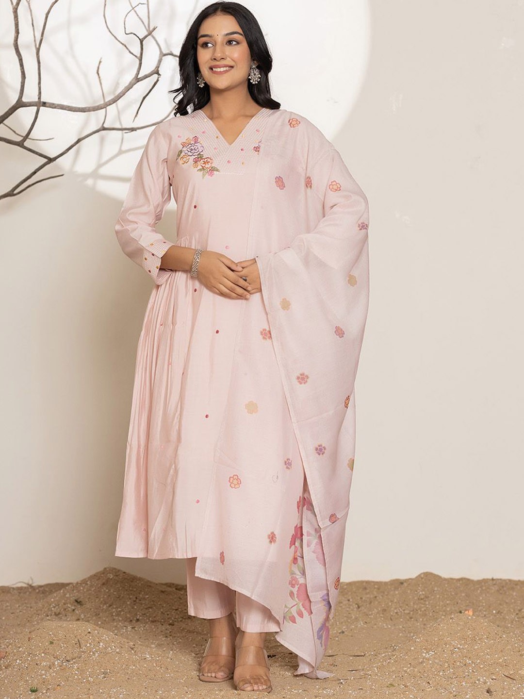 

Yufta Floral Embroidered Thread Work Pure Cotton A-line Kurta With Trousers & Dupatta, Peach