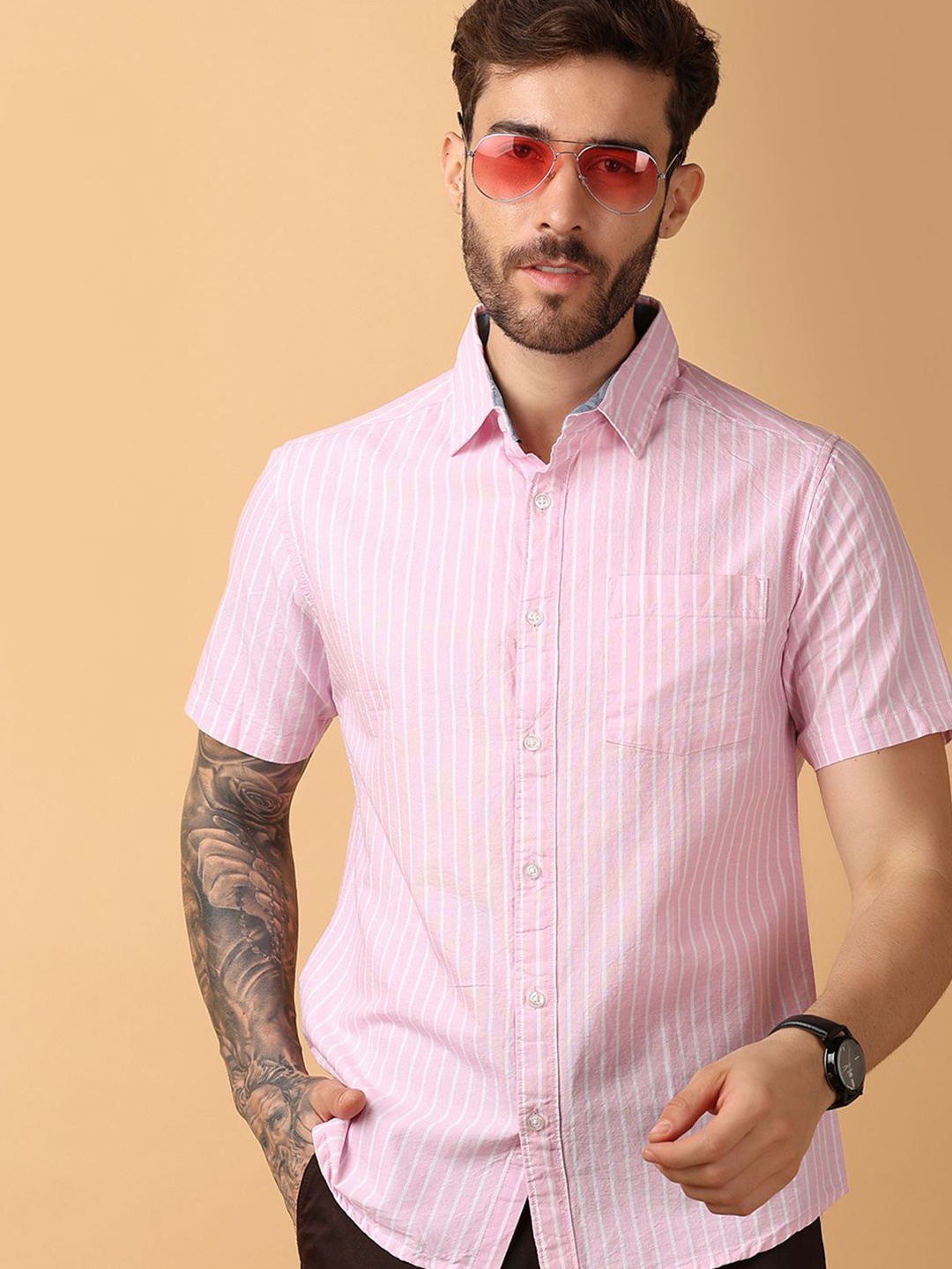 

V-Mart Men Striped Spread Collar Slim Fit Casual Shirt, Pink