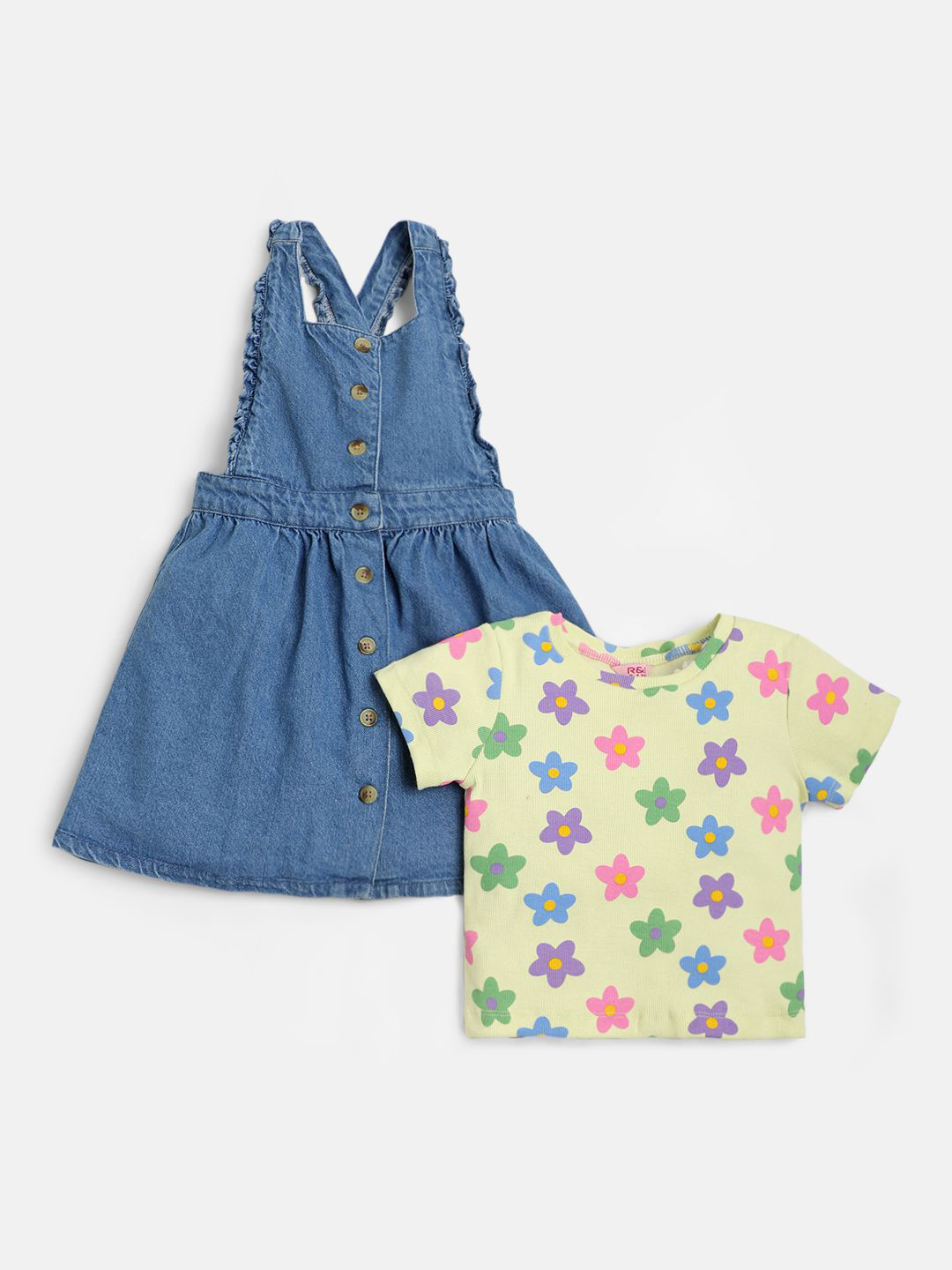 

R&B Girls Floral Pure Cotton T-shirt with Dungaree, Blue