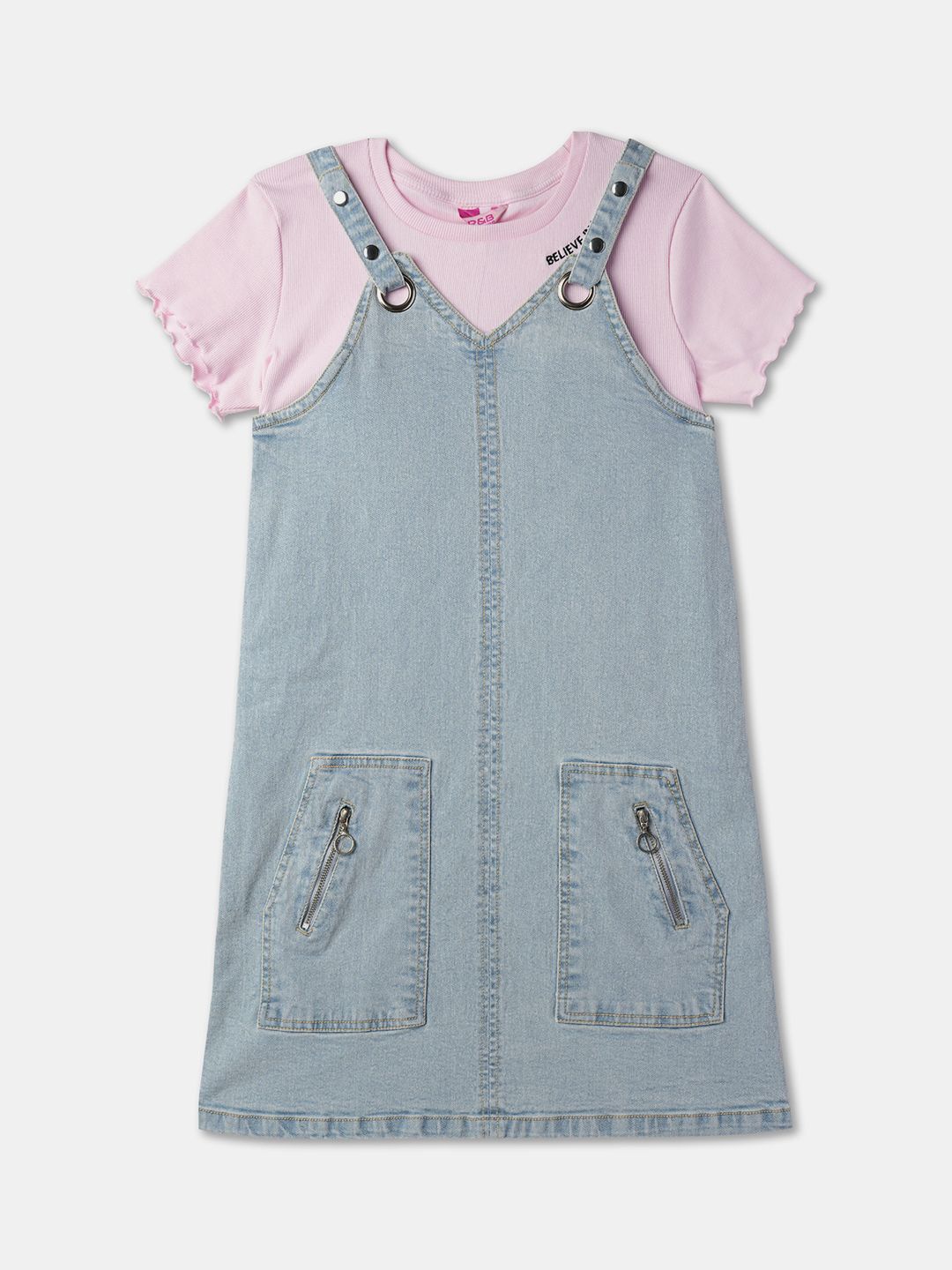 

R&B Girls V Neck Pure Cotton Straight Pinafore Dress, Blue