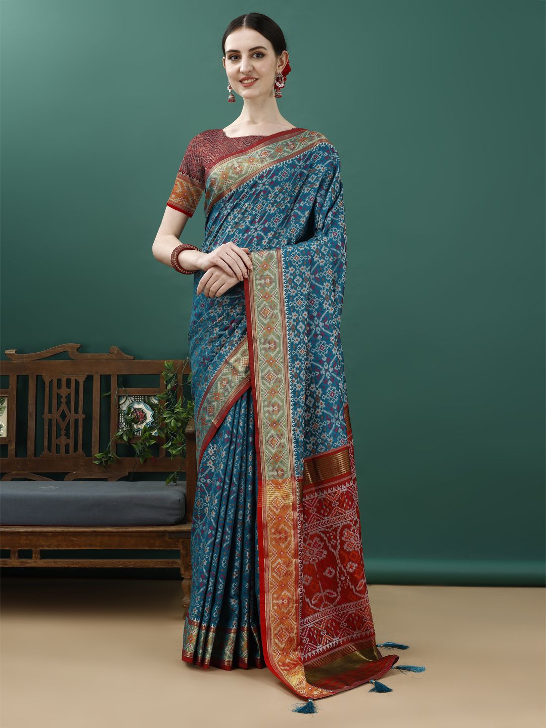 

JUST FASHION Woven Design Zari Patola Saree, Blue