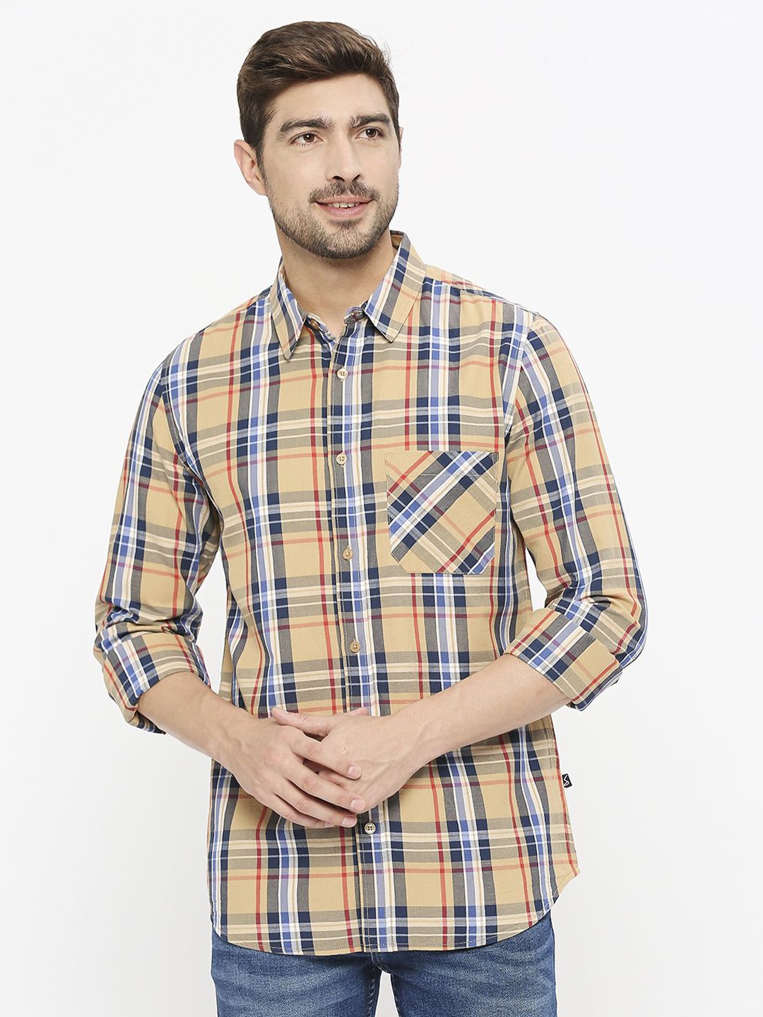 

Solemio Men Classic Tartan Checked Spread Collar Casual Shirt, Blue
