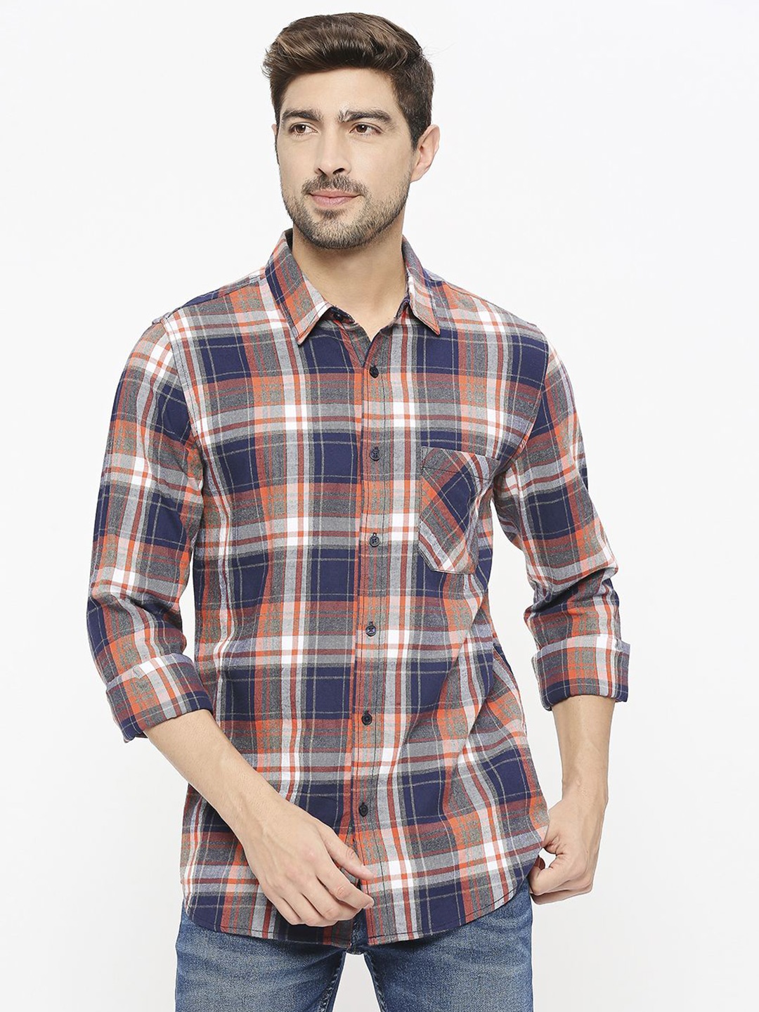 

Solemio Men Classic Tartan Checked Spread Collar Casual Shirt, Orange