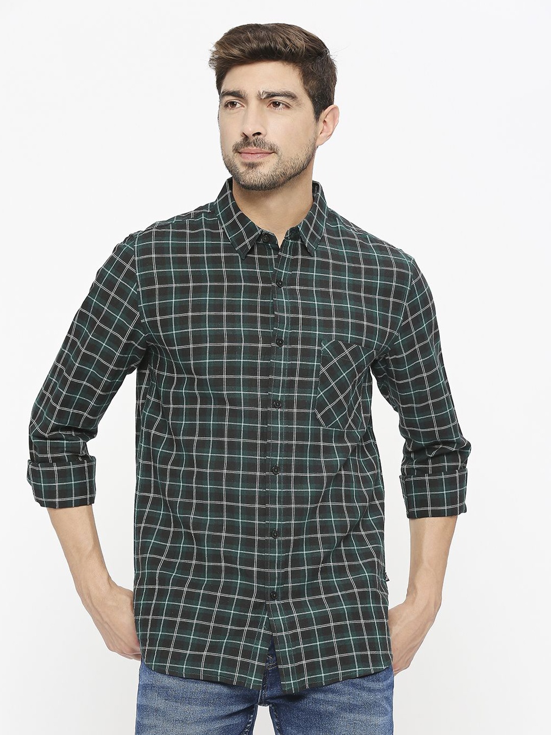 

Solemio Men Classic Tartan Checked Spread Collar Casual Shirt, Green