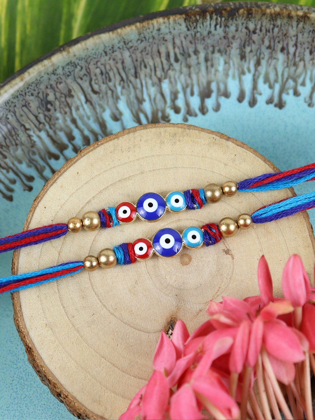 

Asthetika Set of 2 Evil Eye Beaded Rakhis with Roli Chawal, Blue
