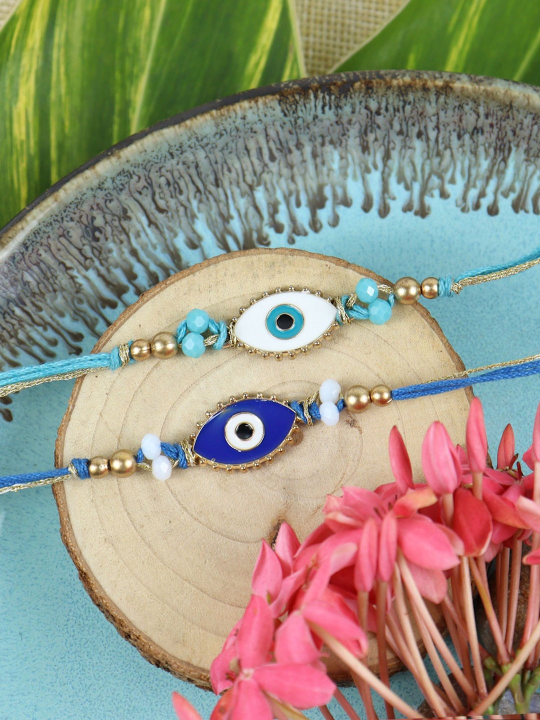 

Asthetika Set of 2 Evil Eye Beaded Rakhis with Roli Chawal, Blue