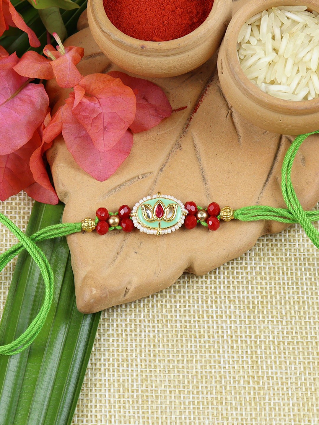 

Asthetika Meena Kundan Stone Rakhi With Roli Chawal, Gold