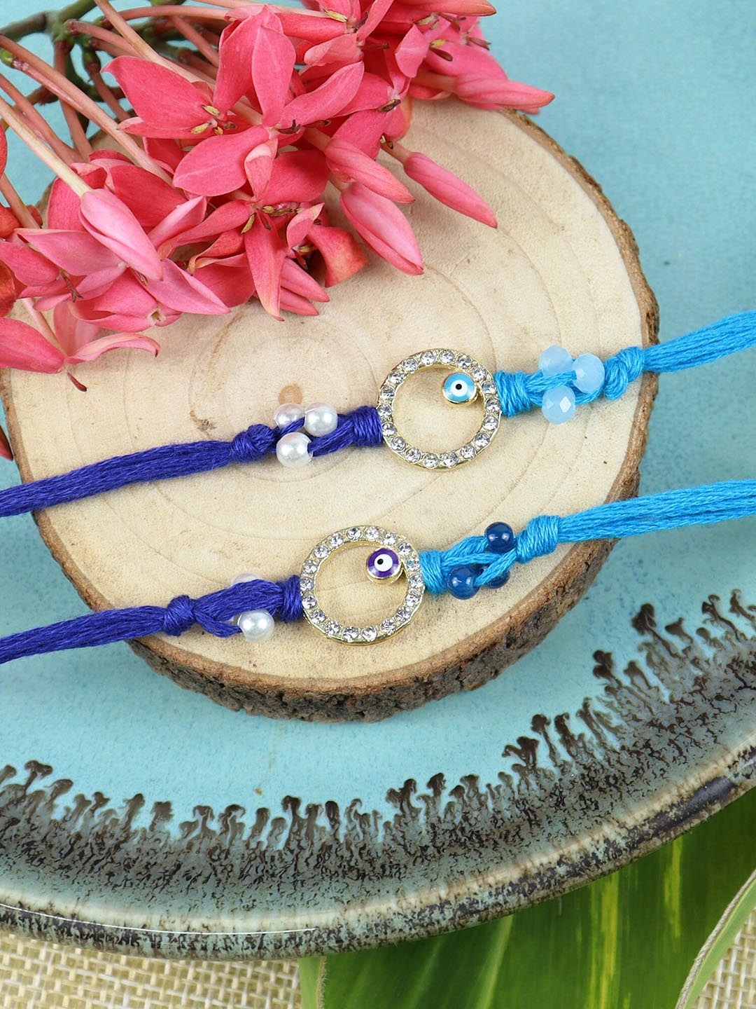 

Asthetika Set of 2 Evil Eye Diamond Ring Rakhis With Roli Chawal, Blue