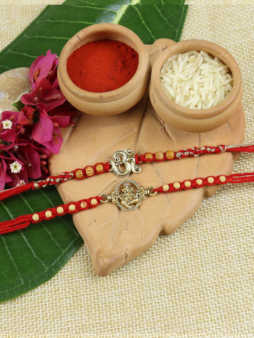 

Asthetika Set of 2 Om Ganesha Rakhis with Roli Chawal, Red