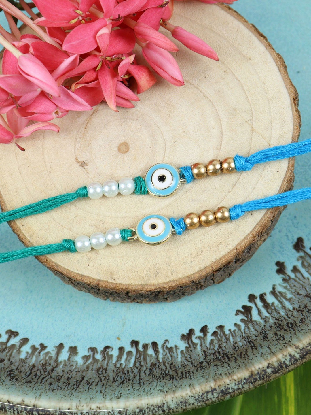 

Asthetika Set of 2 Evil Eye Beaded Rakhis with Roli Chawal, Blue