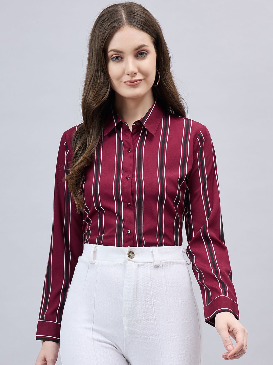 

Style Quotient Women Smart Fit Striped Spread Collar Formal Shirt, Maroon