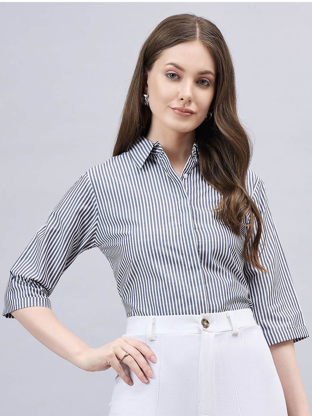 

Style Quotient Women Smart Fit Striped Spread Collar Formal Shirt, White