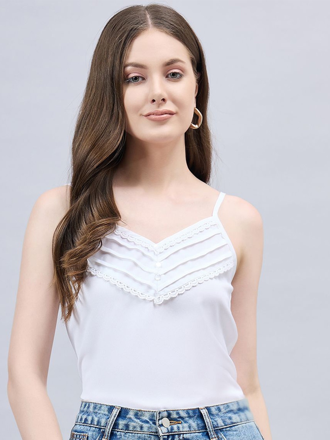 

Style Quotient Solid Shoulder Straps Pleated Top, White