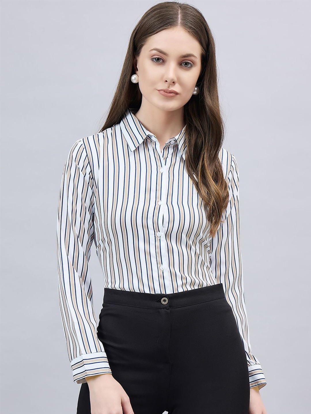 

Style Quotient Women Smart Fit Striped Spread Collar Formal Shirt, White