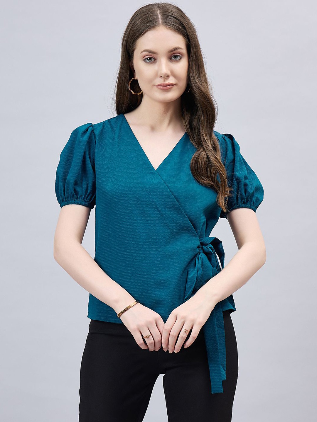 

Style Quotient Solid Puff Sleeve Wrap Top, Teal