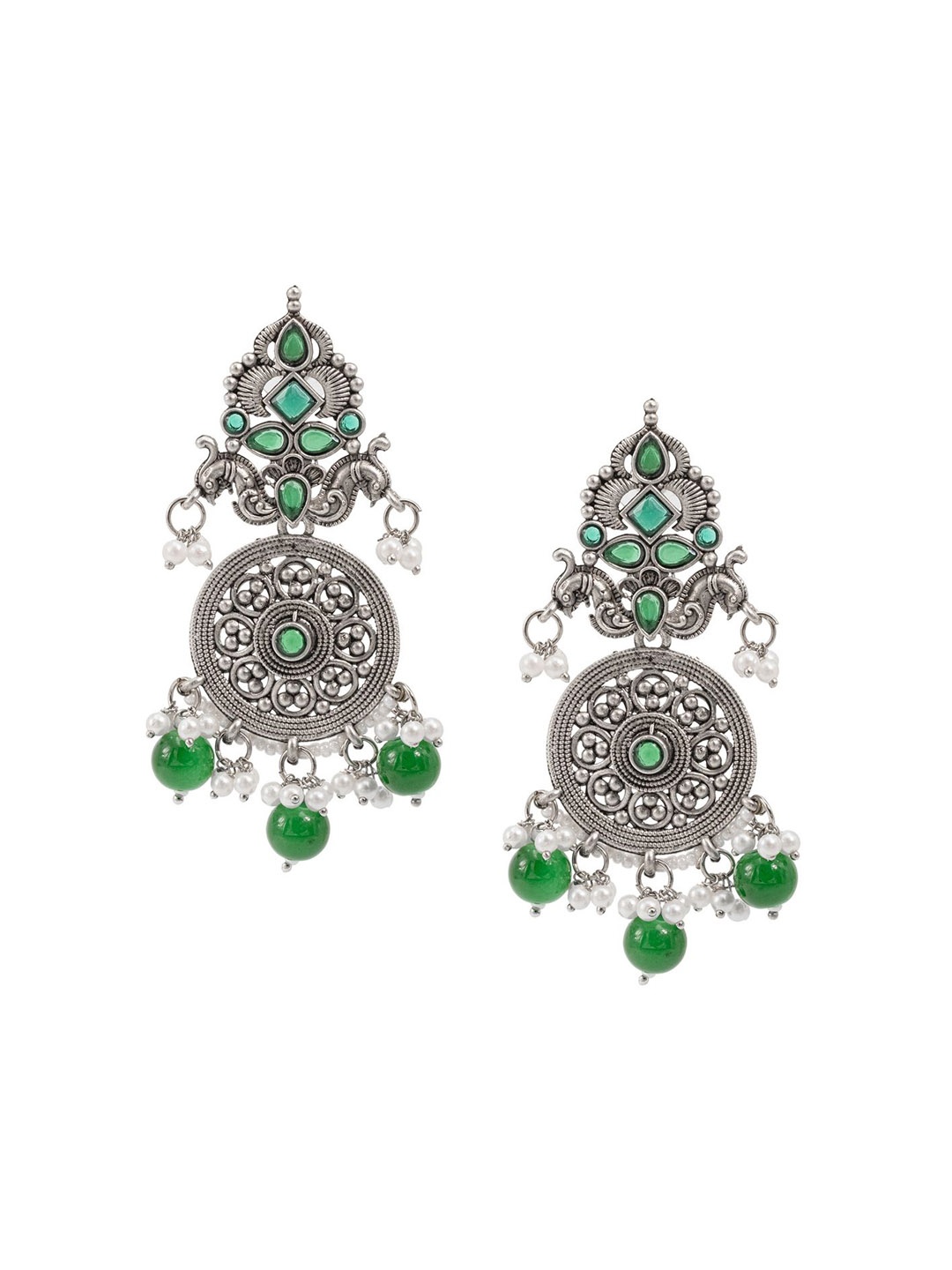 

Shining Jewel - By Shivansh Silver-Plated Brass Oxidised Contemporary Drop Earrings, Green