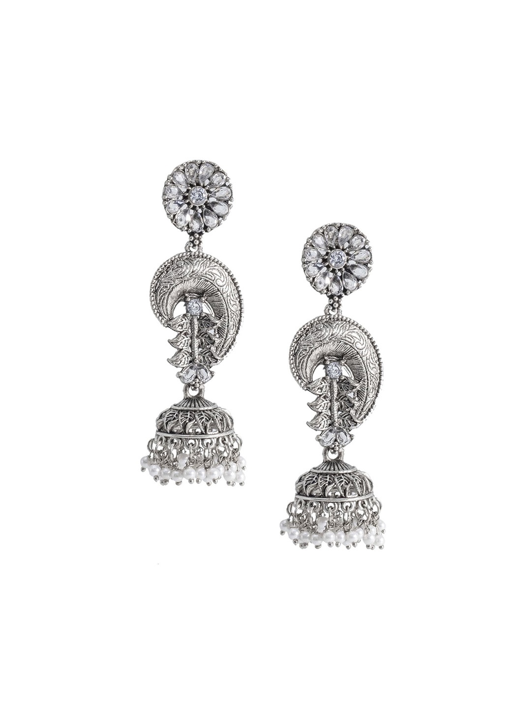 

Shining Jewel - By Shivansh Silver-Plated Cubic Zirconia-Studded & Beaded Jhumkas