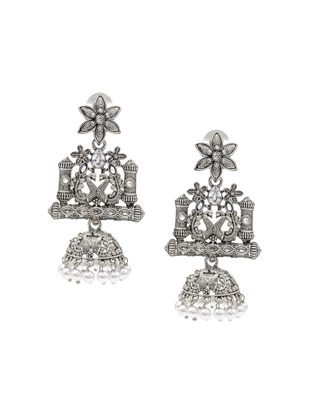 

Shining Jewel - By Shivansh Silver-Plated Cubic Zirconia Contemporary Jhumkas, White