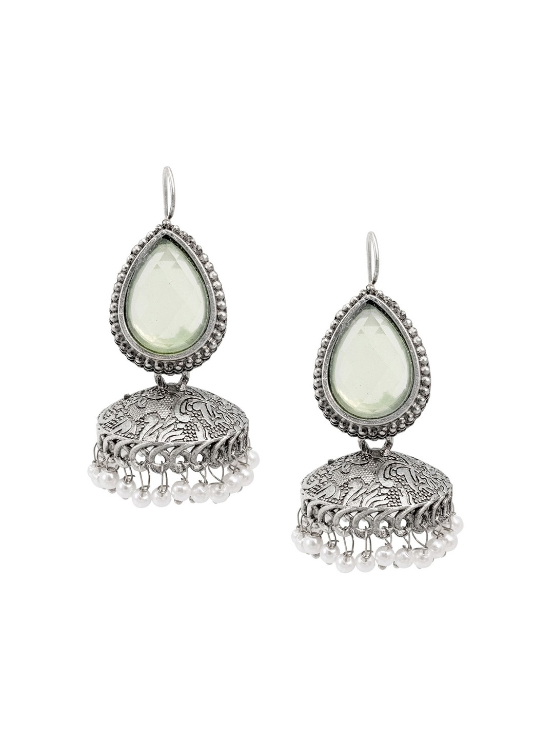 

Shining Jewel - By Shivansh Cubic Zirconia Oxidised Silver Plated Dome Shaped Jhumkas