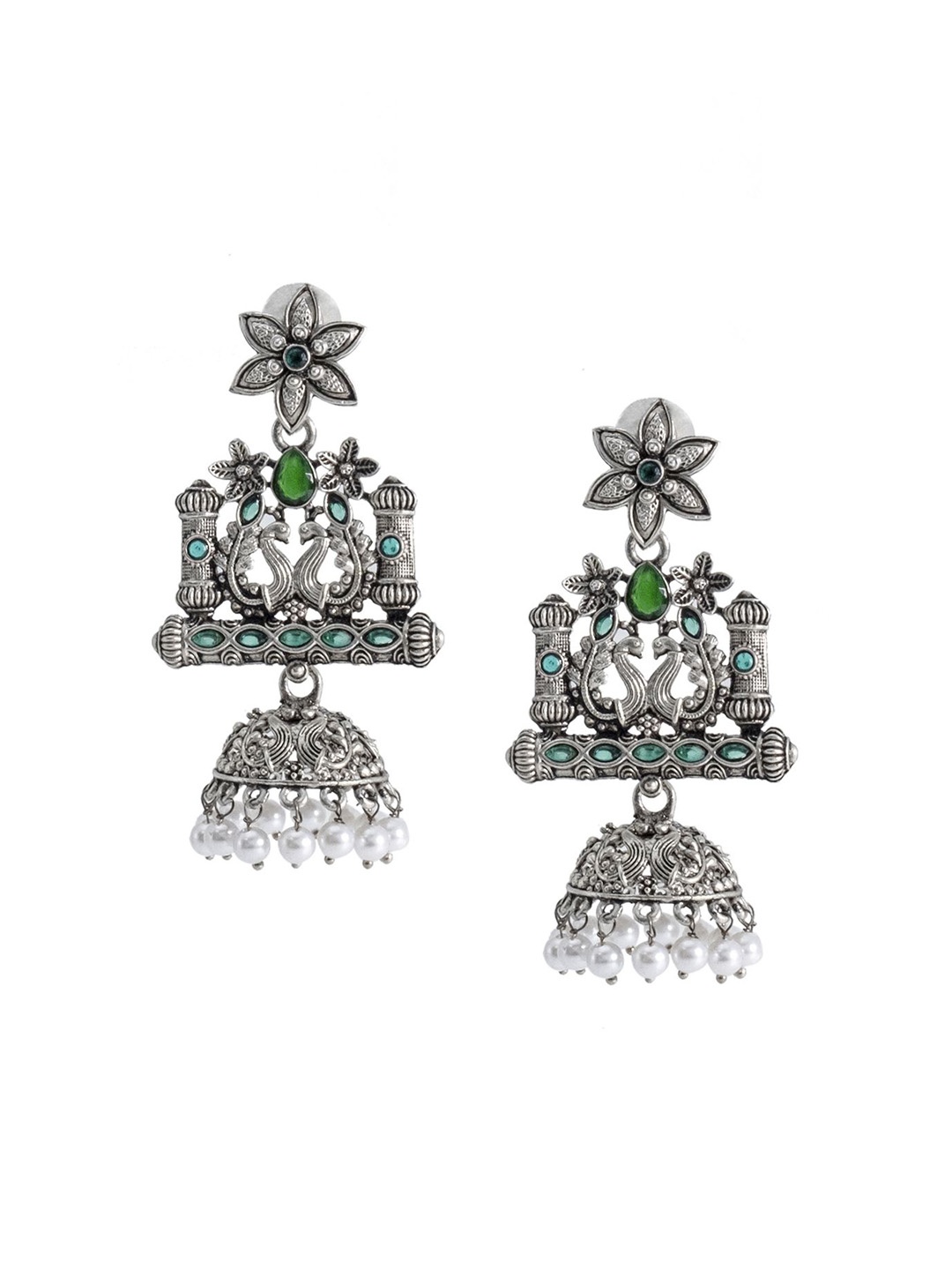 

Shining Jewel - By Shivansh Silver-Plated Brass Oxidised Contemporary Jhumka Earrings, Green