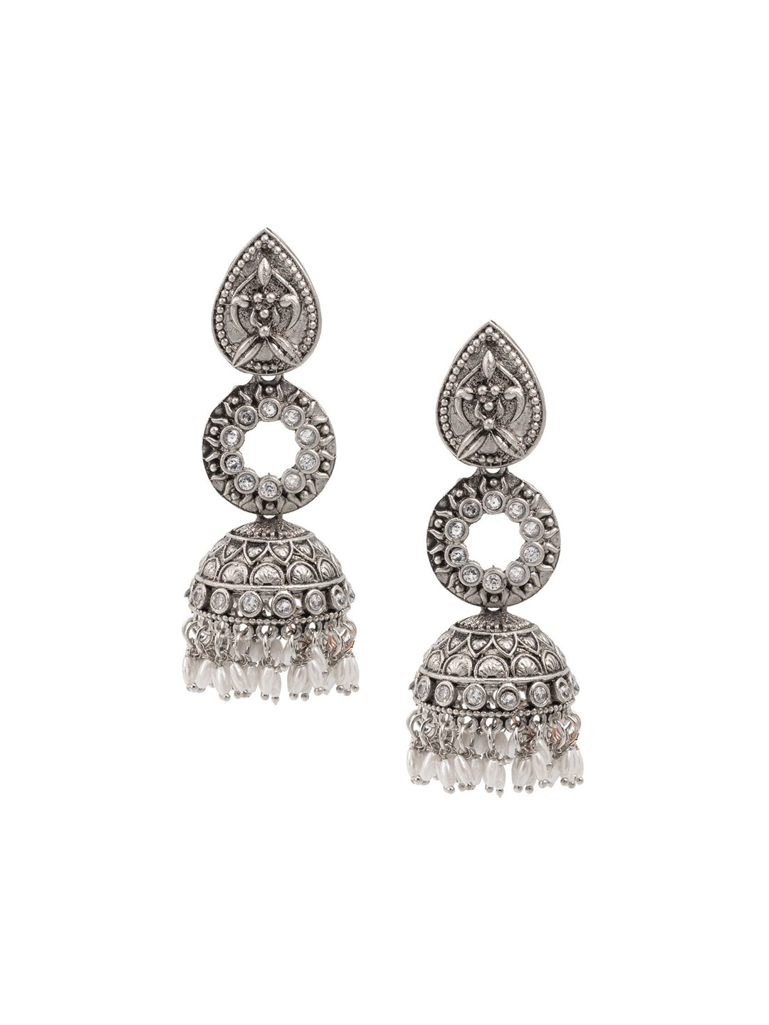 

Shining Jewel - By Shivansh Silver-Plated Cubic Zirconia Studded Dome Shaped Jhumkas