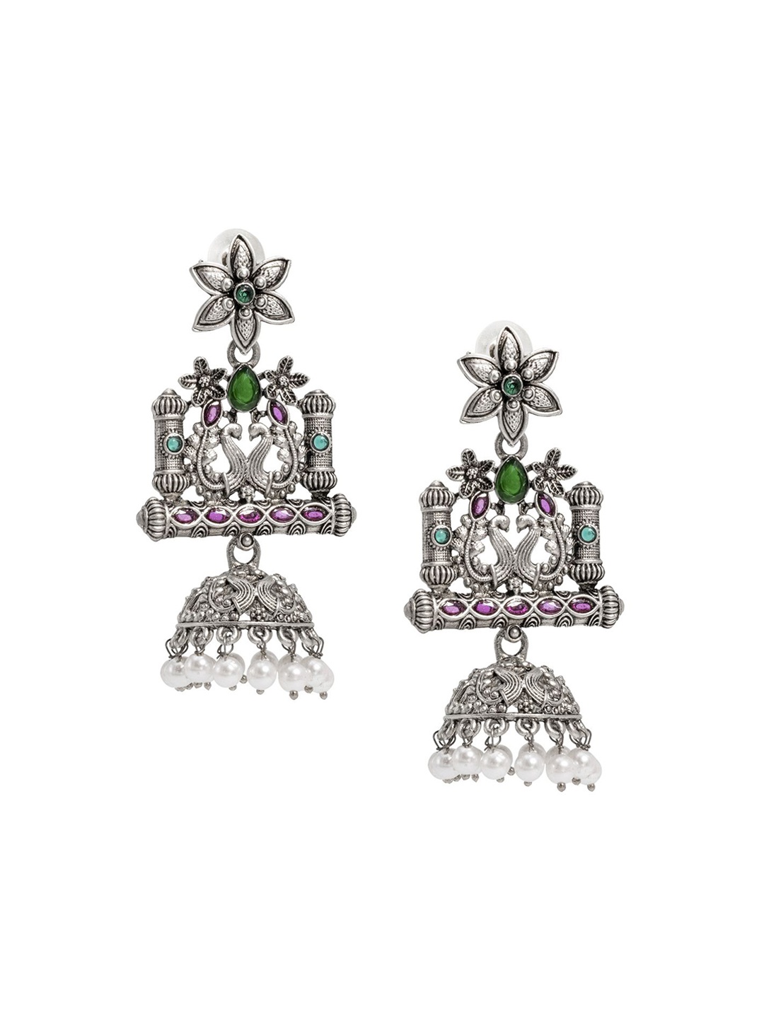 

Shining Jewel - By Shivansh Silver-Plated Cubic Zirconia Contemporary Jhumkas