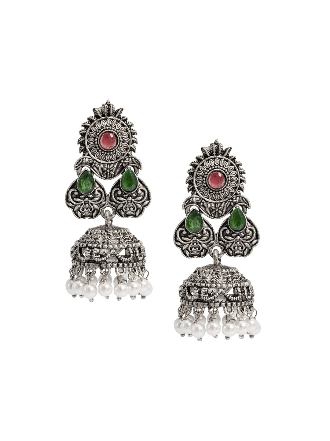 

Shining Jewel - By Shivansh Silver-Plated Oxidised Contemporary Jhumkas