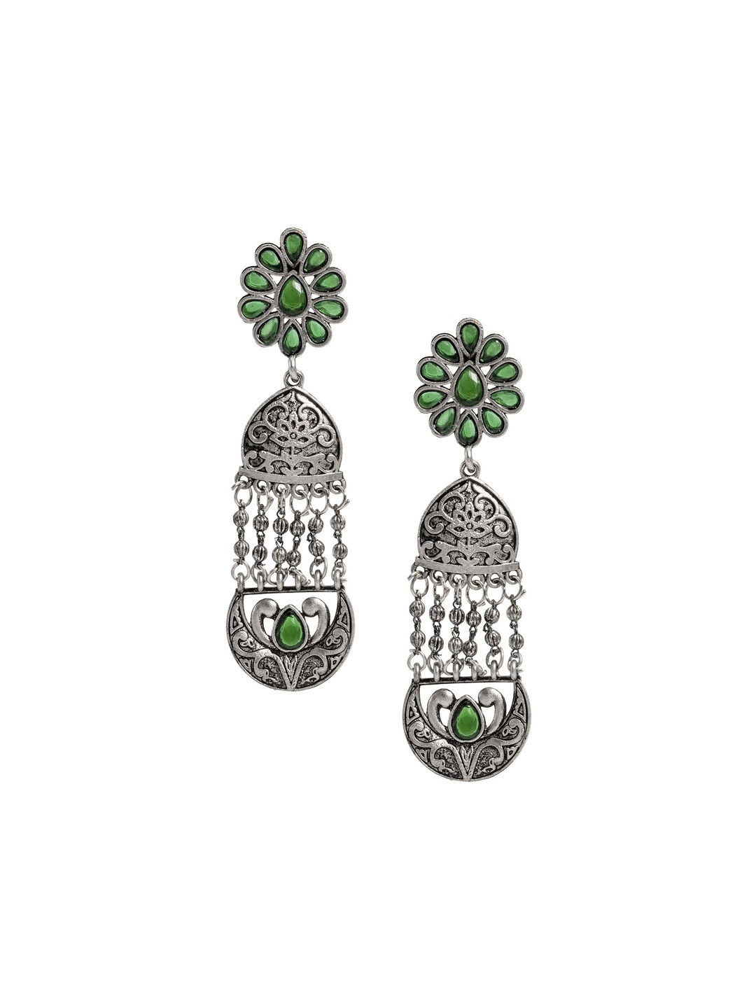 

Shining Jewel - By Shivansh Silver-Plated Cubic Zirconia Contemporary Oxidised Jhumkas, Green