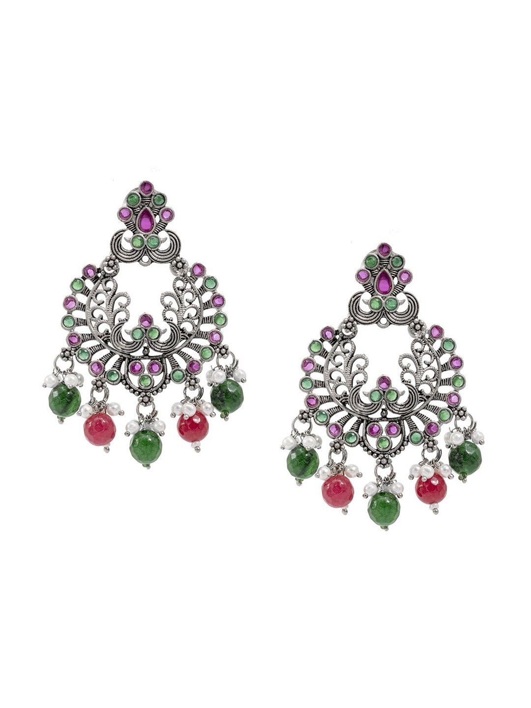 

Shining Jewel - By Shivansh Silver-Plated Cubic Zirconia-Studded & Beaded Chandbalis