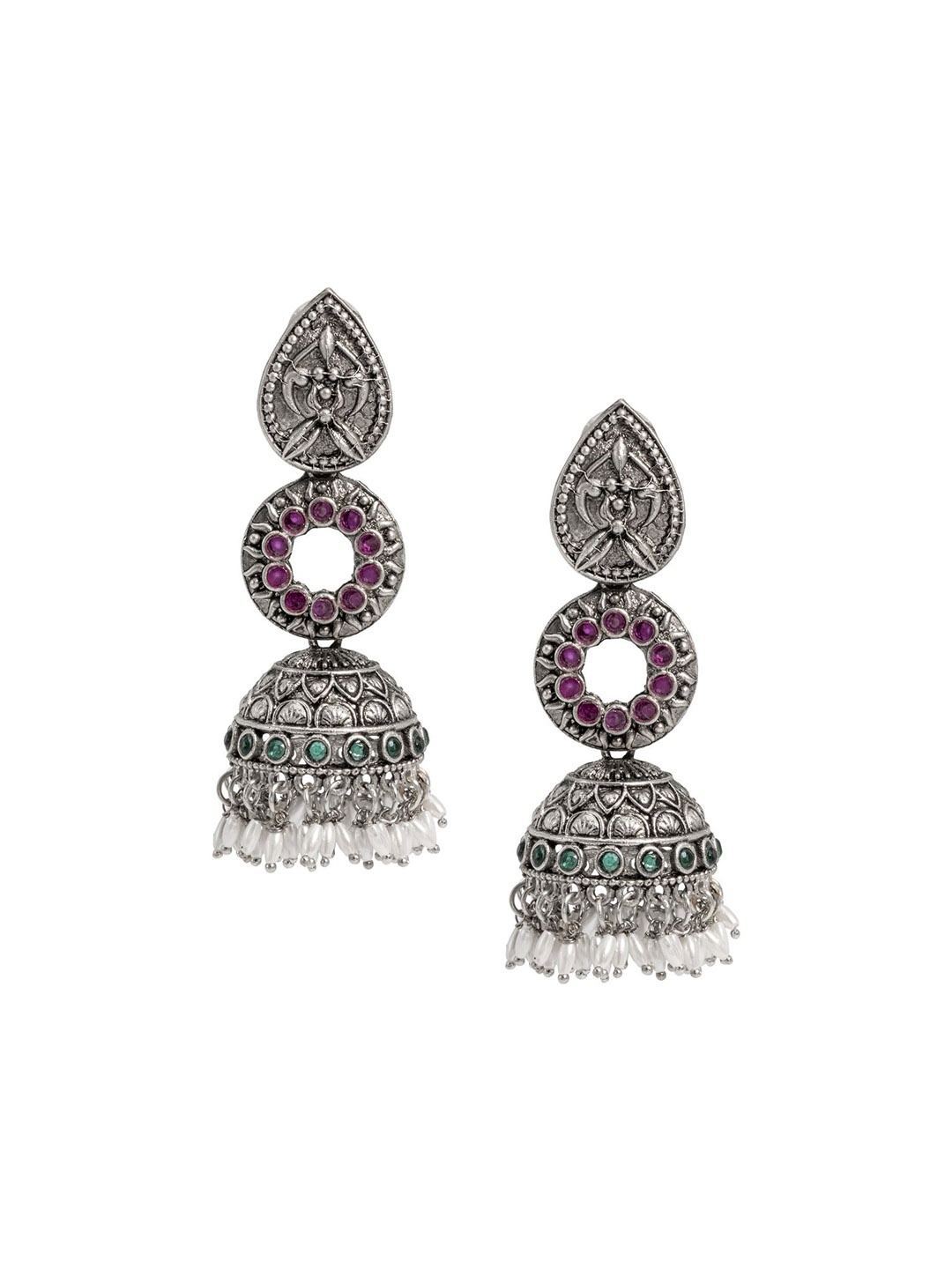 

Shining Jewel - By Shivansh Silver-Plated Brass Oxidised Contemporary Jhumka Earrings, Maroon