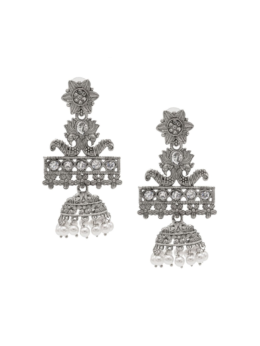 

Shining Jewel - By Shivansh Silver-Plated Brass Oxidised Lotus Peacock Jhumka Earrings, White